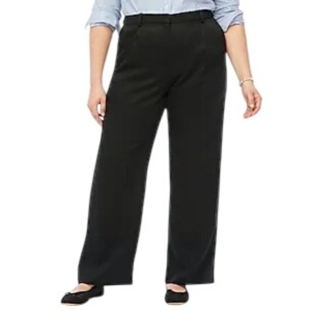 J.Crew Dress Pants Women Sz 12 Black Wide-Leg Plated Twill Trouser 100% TENCEL